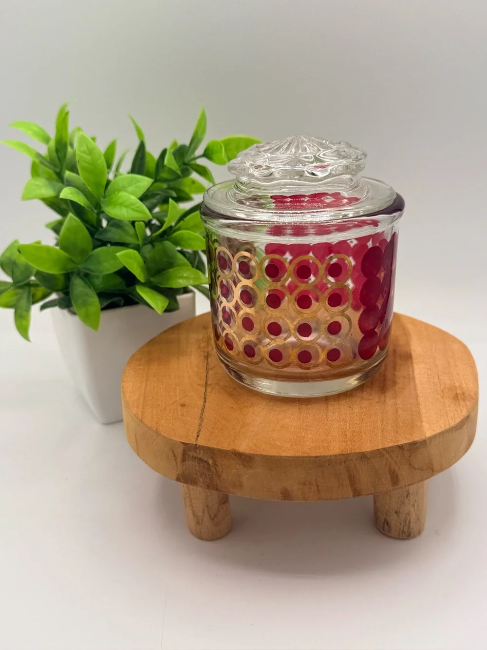 Vtg MCM Jeannette Glass Atomic Red Gold Jar Lid